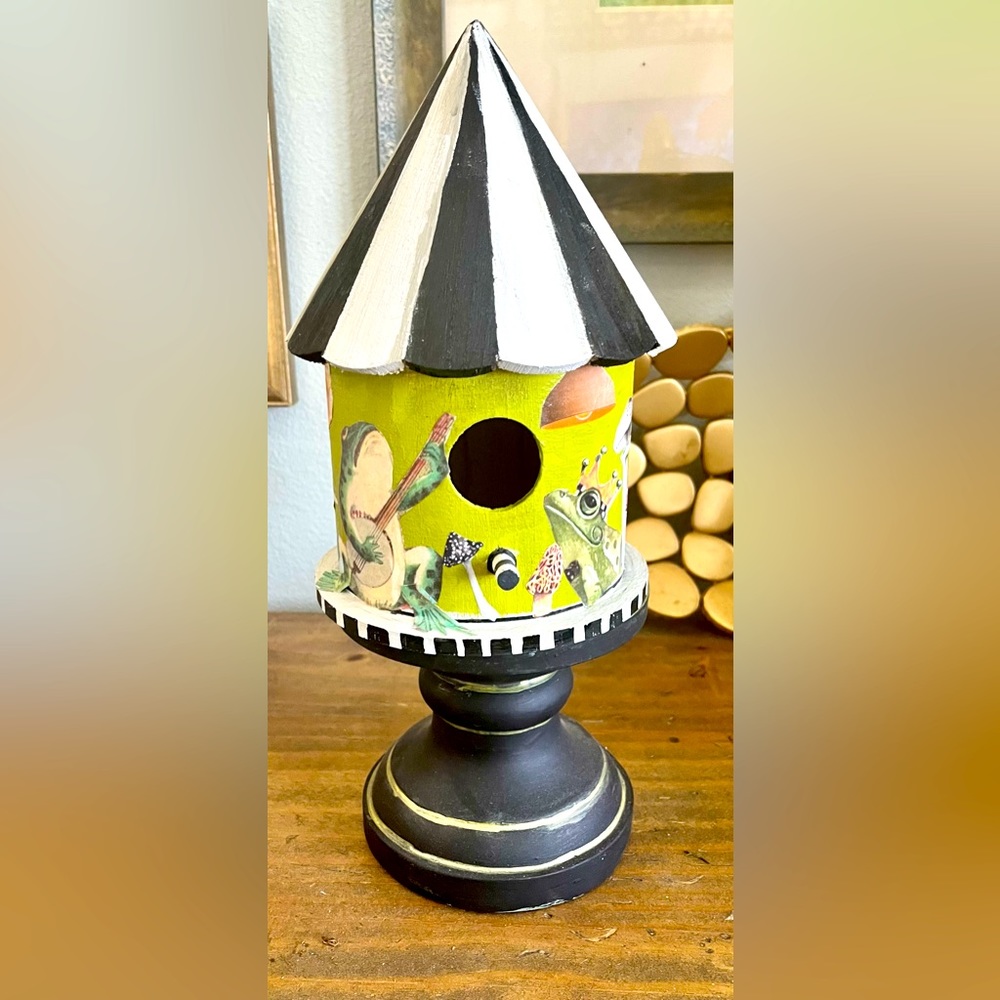 Hand painted wooden birdhouse.